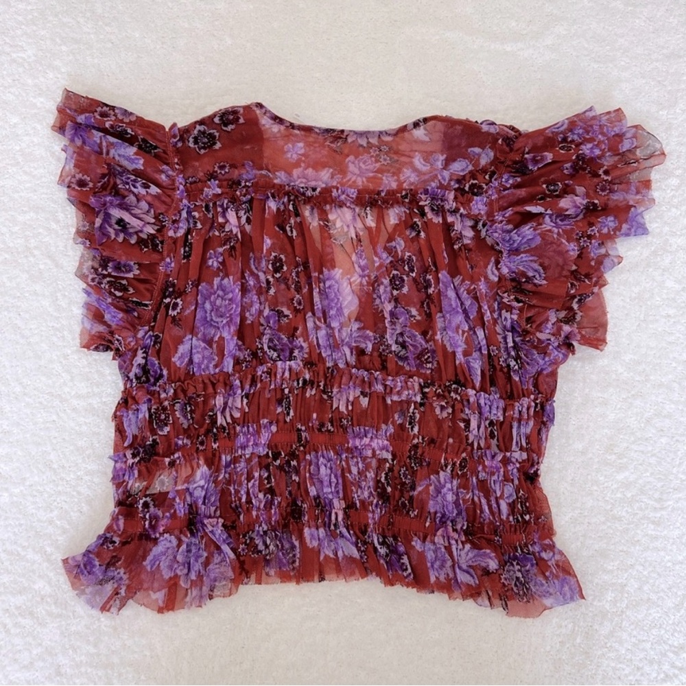Free People Make Me Smile, Printed Red & Purple Ruffled Blouse - Picture 4 of 4